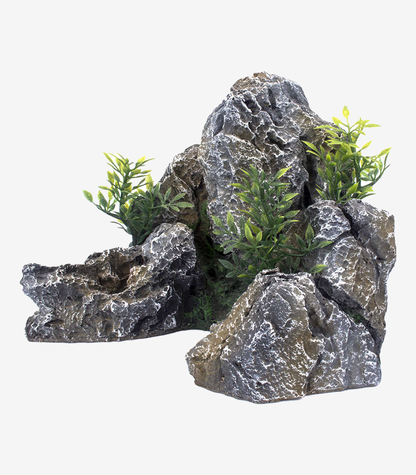 Rocky Garden aquarium decoration, a multi-level rock formation with craggy textures and vibrant green plants.