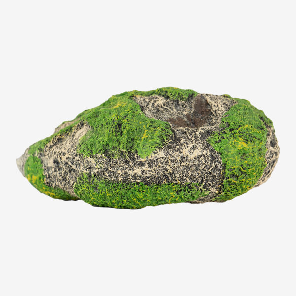 Algae Rock Formation aquarium decoration, a flat, porous rock with realistic green algae and yellow accents.