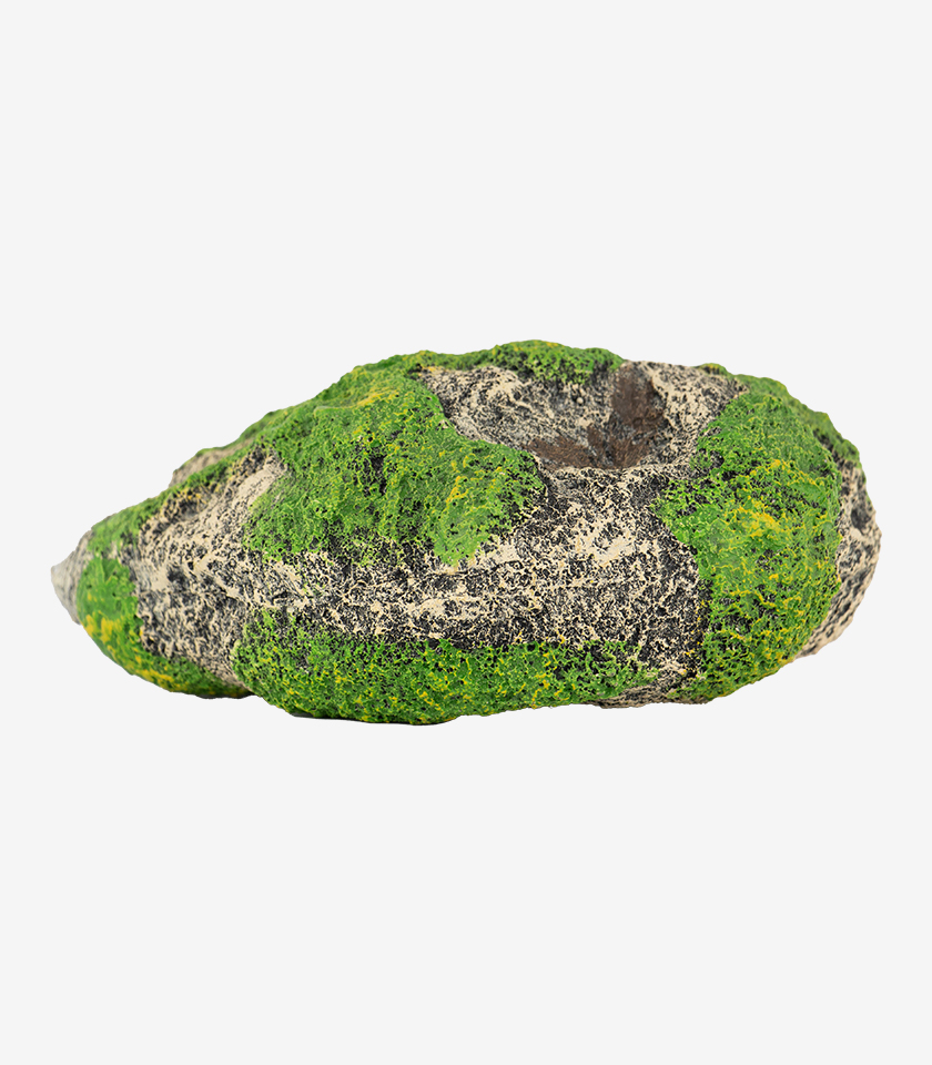 Algae Rock Formation aquarium decoration, a flat, porous rock with realistic green algae and yellow accents.