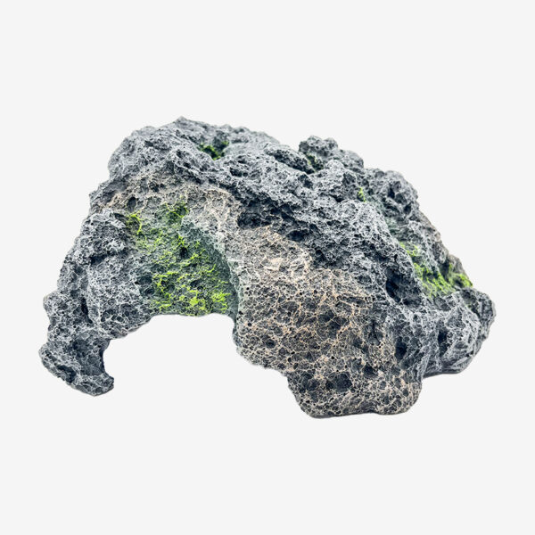 Sea Stone Hideout aquarium decoration, a dark gray oceanic stone with a porous, pitted texture and green moss accents.
