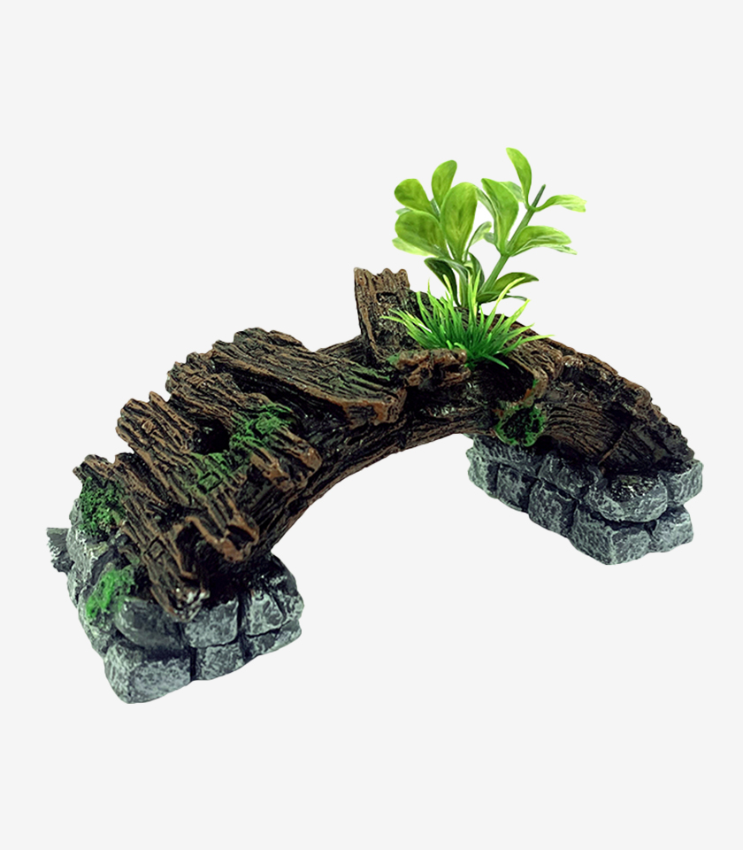 Botanical Bridge aquarium decoration, a rustic bridge made of wood and stone with realistic textures and green plants.