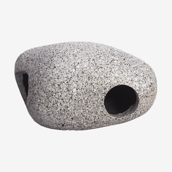 Mono Stone Hideaway aquarium decoration, a smooth gray stone with a speckled granite-like texture and two hideaway holes.