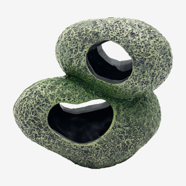Double Decker Hideaway aquarium decoration, a two-tiered cave made of stacked hollow stones with a porous texture and a green-gray finish.