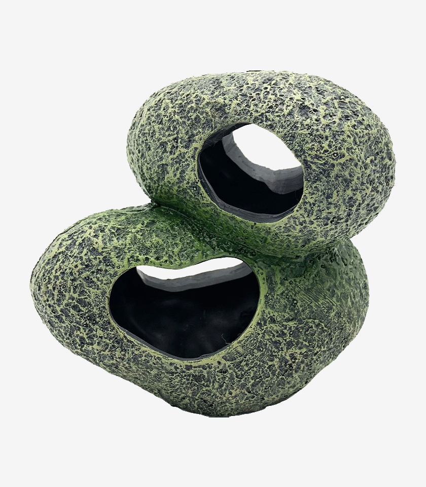 Double Decker Hideaway aquarium decoration, a two-tiered cave made of stacked hollow stones with a porous texture and a green-gray finish.