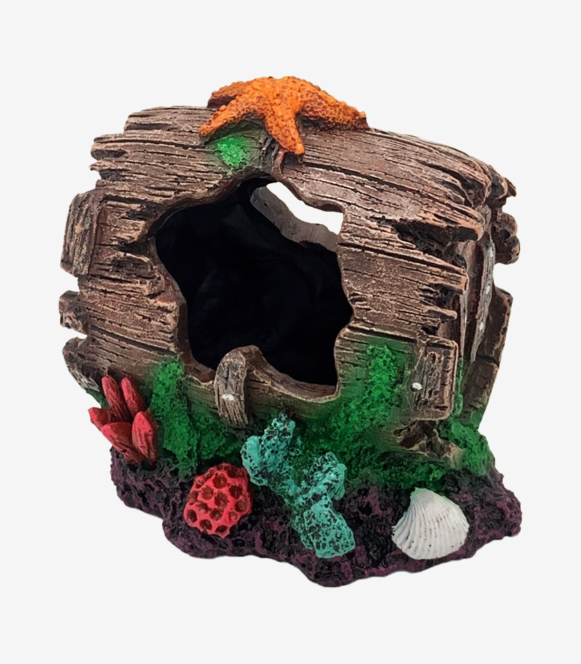 Barrel Oasis Aquarium Decoration, a hollow, rustic barrel with a starfish, seashell, and colorful coral.