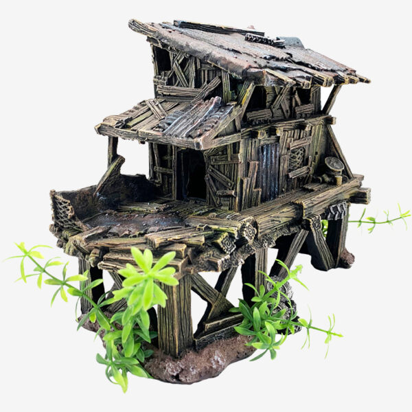 Wooden Dwelling aquarium ornament, a rustic multi-story dwelling made of weathered wood planks and resting on stilts.