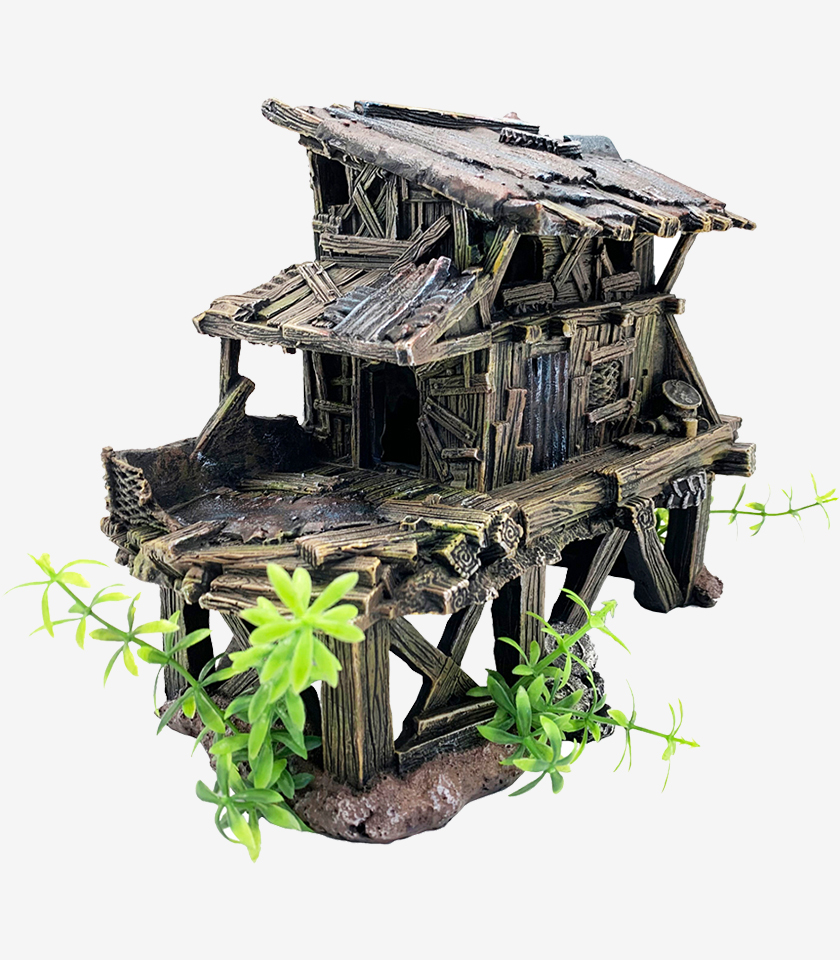 Wooden Dwelling aquarium ornament, a rustic multi-story dwelling made of weathered wood planks and resting on stilts.