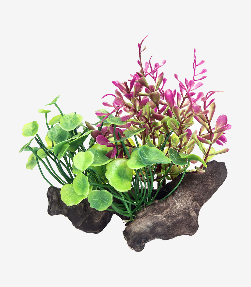 Timber Garden aquarium ornament, a piece of weathered wood with a cluster of bright green and purple plants.
