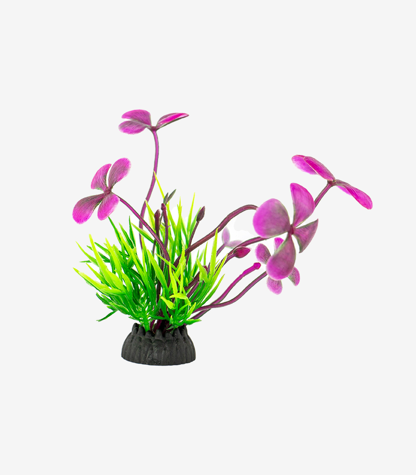 Pink Blossom Bush Small aquarium ornament, a small decorative plant with pink blossoms and green grass blades.
