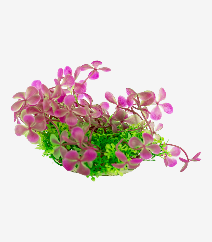 Pink Blossom Bush Medium aquarium ornament, a decorative plant with pink blossoms and a cluster of green grass.