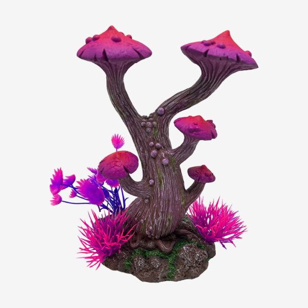 Funkadelic Pink Tree aquarium ornament, a whimsical tree with mushroom-like caps in shades of pink and purple with spiky plants at the base.