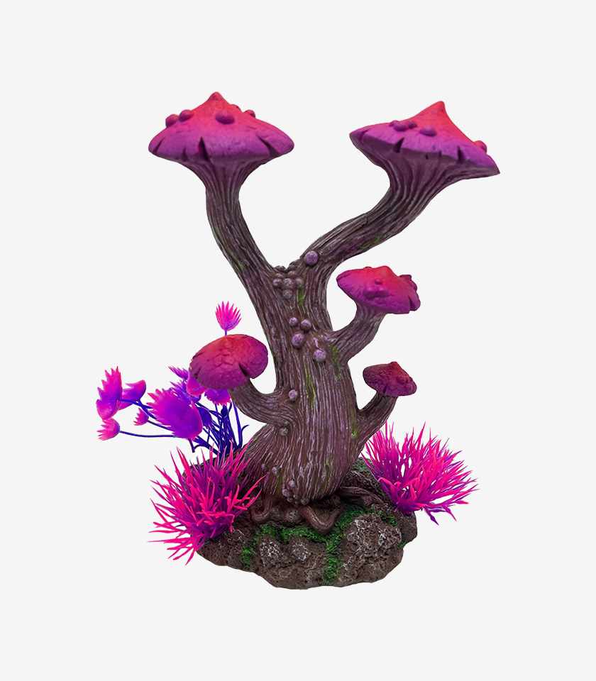 Funkadelic Pink Tree aquarium ornament, a whimsical tree with mushroom-like caps in shades of pink and purple with spiky plants at the base.