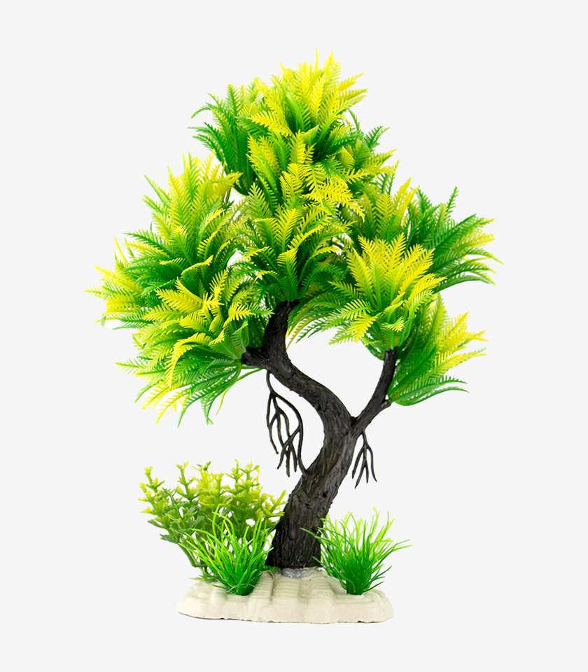 Ferny Green Shrub Tree aquarium ornament, a decorative tree with a gnarled trunk and a canopy of feathery yellow and green leaves.