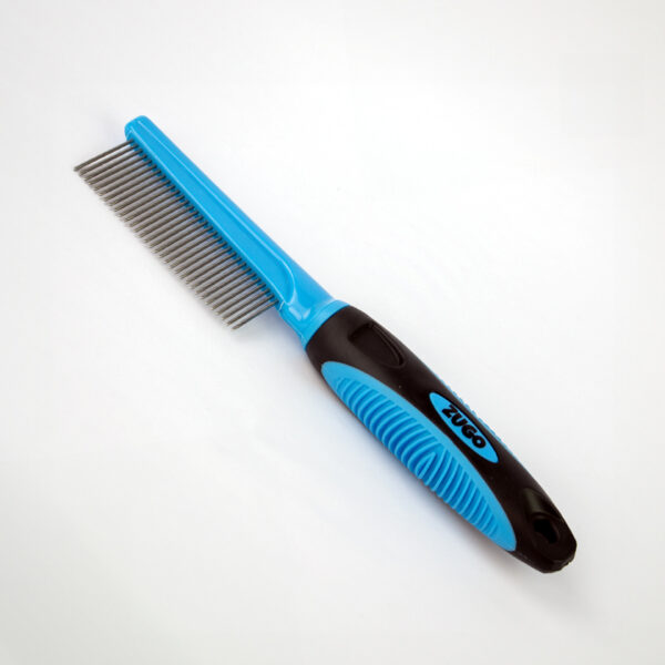 32 Pin Dog Grooming Comb, a blue and black grooming comb with a row of silver metal pins that has the word ZUGO in blue letters on the handle.