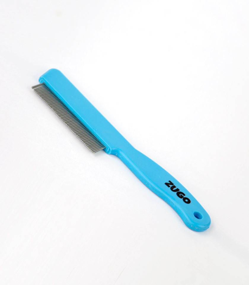 Dog Flea Grooming Comb, a light blue flea comb with fine, closely spaced silver metal teeth that has the word ZUGO in black letters on the handle.