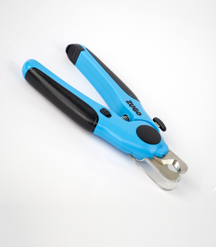 Dog Nail Clipper with LED, a blue and black dog nail clipper with silver metal blades and the word ZUGO in blue letters on the handle.