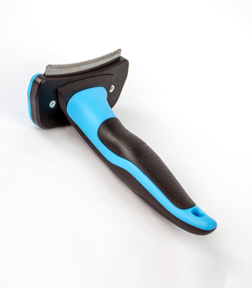 Self Cleaning Deshedding Cat Brush, a deshedding tool with a blue and black handle and a serrated silver metal blade on a black base.