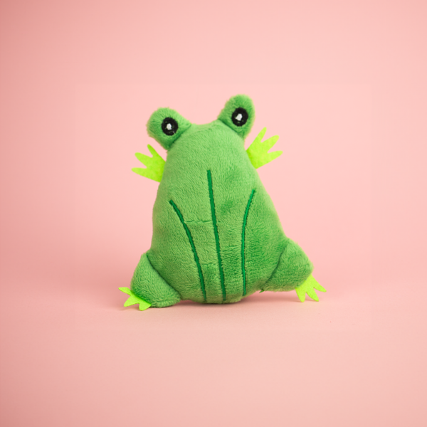 Zugo Frog Plush Catnip Toy, a plush toy shaped like a frog that is green with large eyes and green webbed plastic feet.