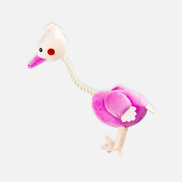 Ostrich Plush Dog Toy, a plush toy shaped like an ostrich with a pink body, a long neck, and a white head.