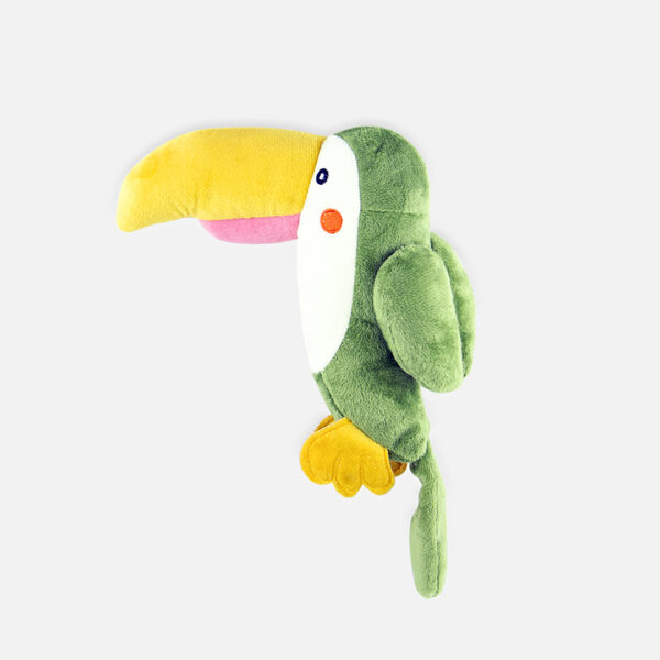 Parrot Plush Dog Toy, a plush toy shaped like a parrot with a green body, a white head, and a large yellow beak.