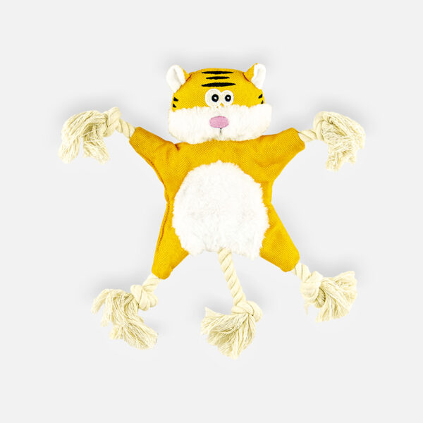 Tiger plush toy, a plush toy shaped like a tiger with a star-shaped body, rope limbs, and a yellow and white color scheme.