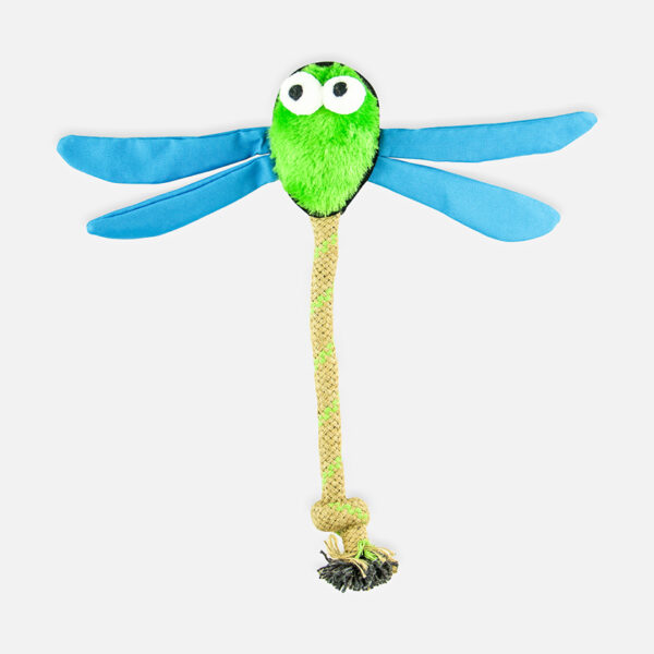 Dragonfly Plush Dog Toy, a plush toy shaped like a dragonfly with a green body, blue wings, and a long, knotted rope tail.