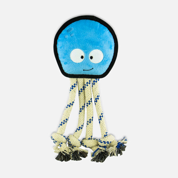 Octopus plush toy, a plush toy shaped like an octopus with a blue head and four knotted rope legs.