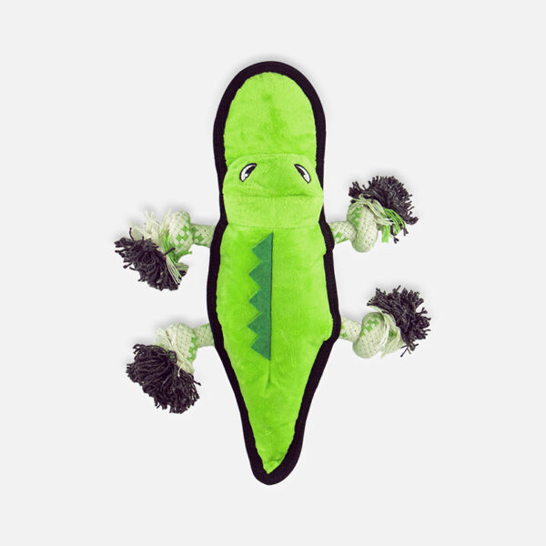 Crocodile plush toy, a green plush toy shaped like a crocodile with a zig-zagging spine, a black border, and knotted rope limbs.