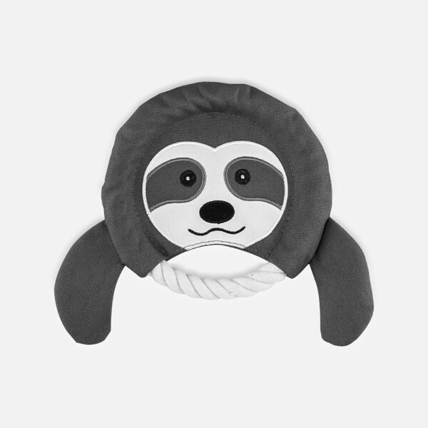 Frisbee Sloth Plush Dog Toy, a plush toy shaped like a sloth's head with a gray face and arms connected by a white knotted rope.