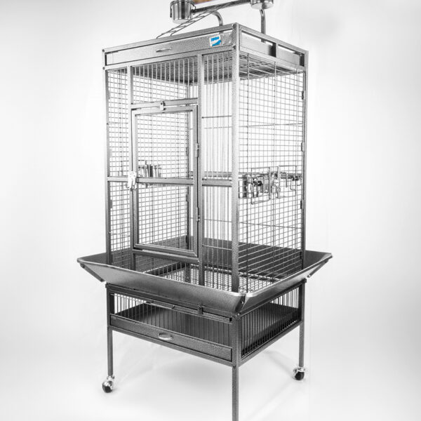 Zugo Aviary 10 Silver/Black Cage, a tall, multi-level silver wire bird cage with a matching stand on wheels, with a large door, a pull-out mess tray at the bottom, a flat top with a ladder and two metal feeding bowls, and two wooden perches inside.