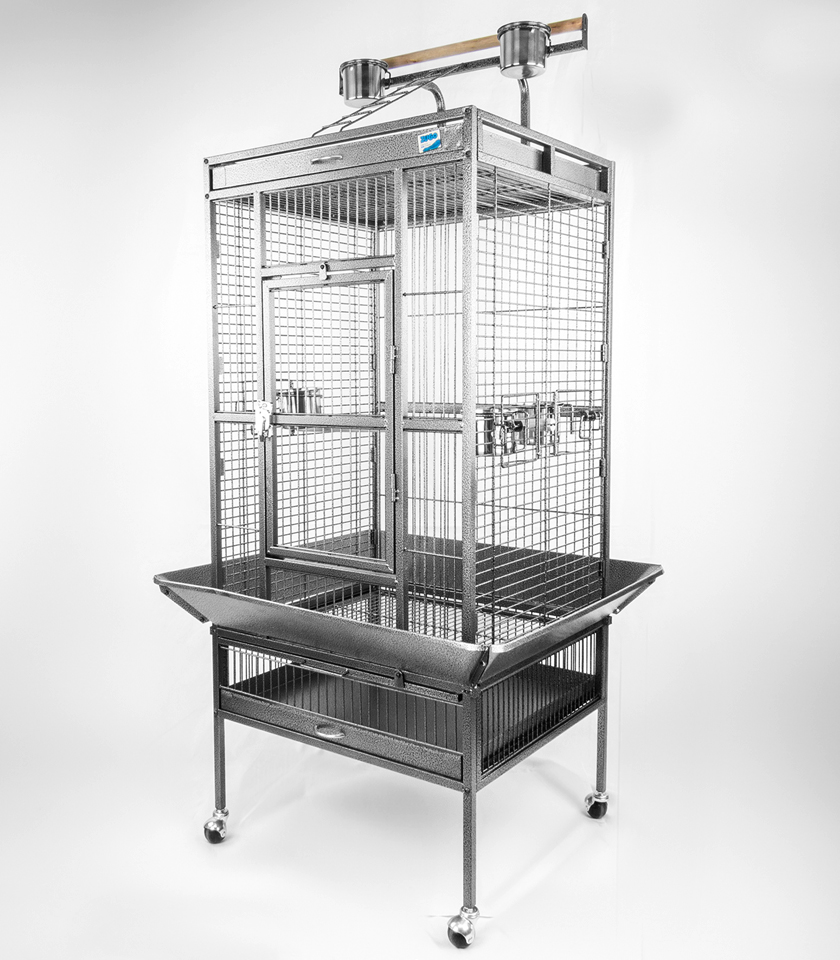 Zugo Aviary 10 Silver/Black Cage, a tall, multi-level silver wire bird cage with a matching stand on wheels, with a large door, a pull-out mess tray at the bottom, a flat top with a ladder and two metal feeding bowls, and two wooden perches inside.