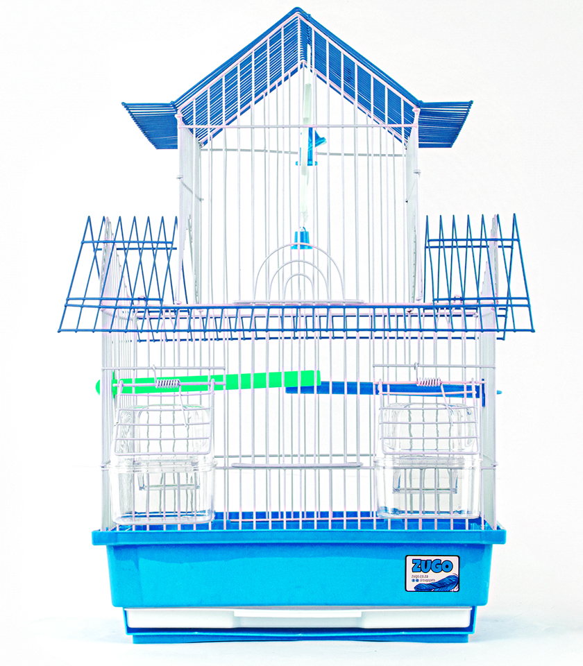 Zugo Aviary 3 Green Bird Cage, a multi-level blue and white wire bird cage with a house-like roof, with a blue base, two clear plastic feeding dishes, and blue perches inside.