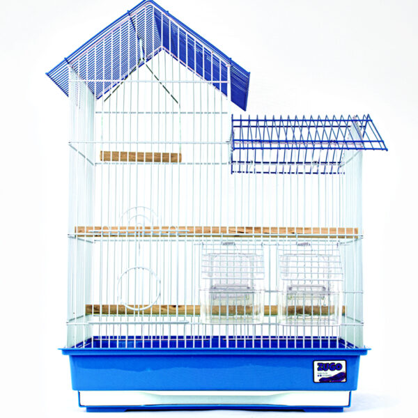 Zugo Aviary 5 Blue Cage, a multi-level blue and white wire bird cage with a house-like roof, with a blue base, two clear plastic feeding dishes, and three wooden perches inside.