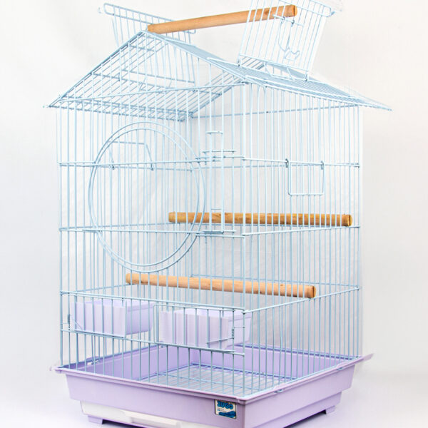 Zugo Aviary 8 White Cage, a multi-level white wire bird cage with a house-like roof, with a light purple base, two clear plastic feeding dishes, and three wooden perches inside.