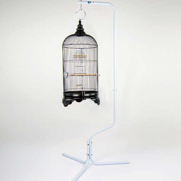Zugo Aviary Bird Cage Stand, a tall white metal bird cage stand with a light blue speckled finish, with a curved top and hook, holding a black ornate bird cage.