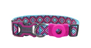 Doco AirTag Dog Collar, a multi-colored dog collar with a diamond pattern that has a grey plastic buckle, a silver metal D-ring, and a hot pink plastic holder for an AirTag.