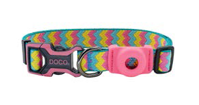 Doco Jacquard Weave AirTag Dog Collar, a multi-colored zig-zag patterned dog collar with a grey plastic buckle, a silver metal D-ring, and a pink plastic holder for an AirTag.