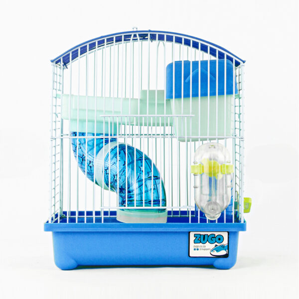 Zugo Hamster Cage 1, a blue hamster cage with a curved white wire top that includes light blue platforms and a blue tunnel.