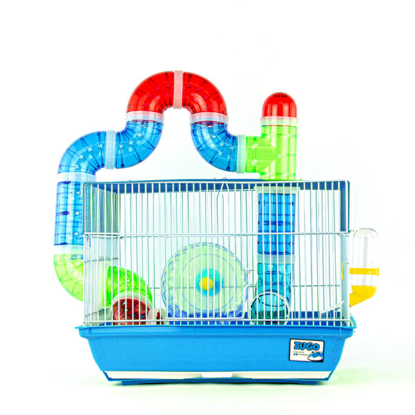 Zugo Hamster Cage 2, a blue hamster cage with a white wire top that includes a house, an exercise wheel, and a network of connected tunnels.