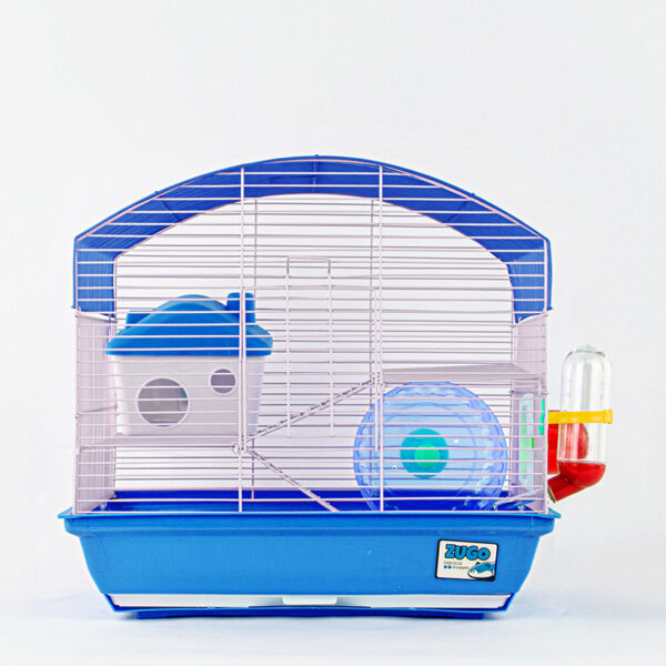 Zugo Hamster Cage 3, a blue hamster cage with a curved white wire top that includes a blue and white house and a blue exercise wheel.