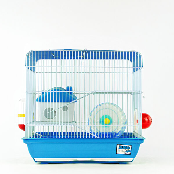Zugo Hamster Cage 4, a blue hamster cage with a white wire top that includes a blue and white house-shaped hideaway and an exercise wheel.