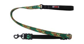 Doco Loco Dog Leash, a camouflage dog leash that has a black padded handle and a black metal clip on the end.