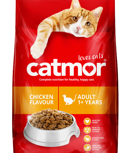 Catmor Adult Dry Cat Food, 1.75 kg, Chicken Flavour, a red and gold bag of cat food showing a bowl full of kibble, emphasizing the Complete Nutrition formula which supports a healthy heart, immune system, glossy skin and coat, digestive system, and strong teeth and bones.