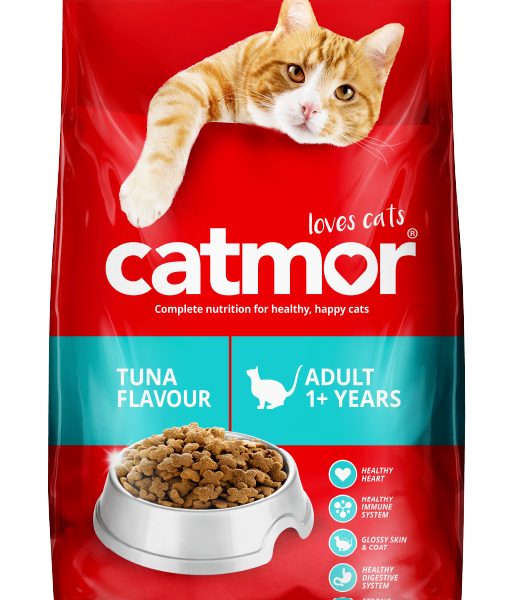 Catmor Adult Dry Cat Food, Tuna Flavour, a red and teal 1.75 kg bag of cat food showing a bowl full of kibble, emphasizing the Complete Nutrition formula which supports a healthy heart, immune system, glossy skin and coat, digestive system, and strong teeth and bones.