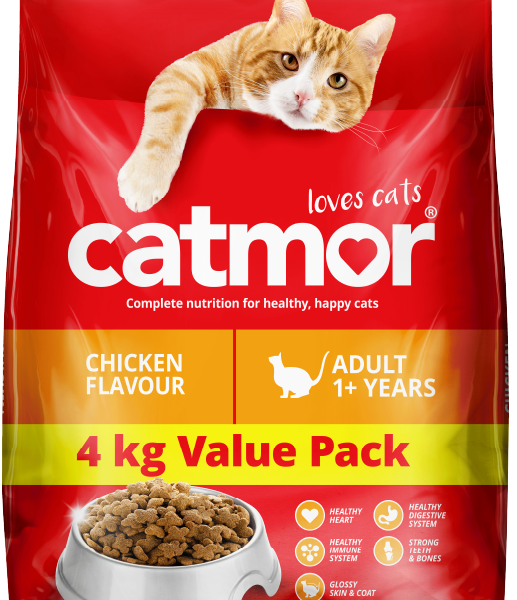 Catmor Adult Dry Cat Food, 4 kg Value Pack, Chicken Flavour, a large red and gold bag of cat food showing a bowl full of kibble, emphasizing the Complete Nutrition formula which supports a healthy heart, immune system, strong teeth and bones, and a glossy skin and coat.