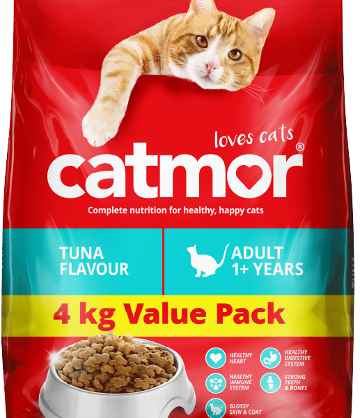 Catmor Adult Dry Cat Food, 4 kg Value Pack, Tuna Flavour, a large red and blue bag of cat food showing a bowl full of kibble, emphasizing the Complete Nutrition formula which supports a healthy heart, immune system, glossy skin and coat, and digestive system.