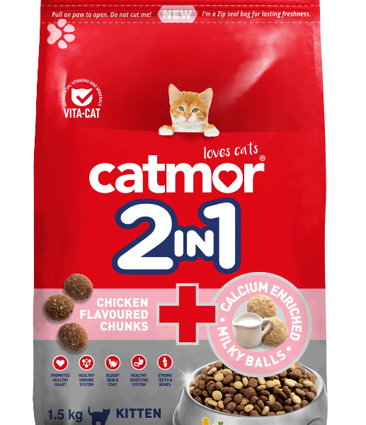 Catmor 2-in-1 Kitten Dry Cat Food, Chicken Flavour, a red and gray 1.5 kg bag of kitten food featuring Chicken Flavoured Chunks mixed with Calcium Enriched Milky Balls, highlighting the Vita-Cat formula that promotes a healthy heart, immune system, and strong teeth.