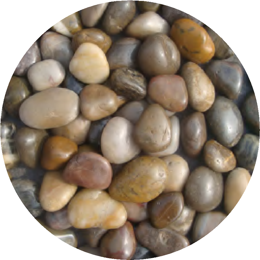 Oceanmax Riverbank Pebble Fish Tank Substrate, a close-up, circular image showing a mix of large, smooth, polished, natural-colored river pebbles (0.5-1cm stones) in shades of white, cream, brown, and gray, suitable for an authentic riverbed aquascape.
