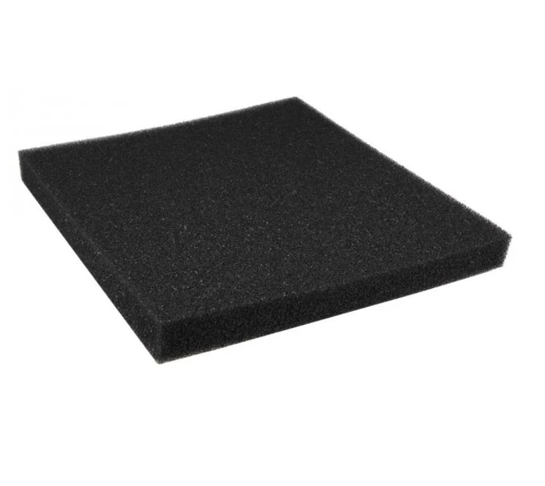 Oceanmax High-Efficiency Bio Sponge Filter Media (PPI 30), a square, thick pad of black, dense, and highly porous foam material, suitable for high-efficiency mechanical and biological aquarium filtration.