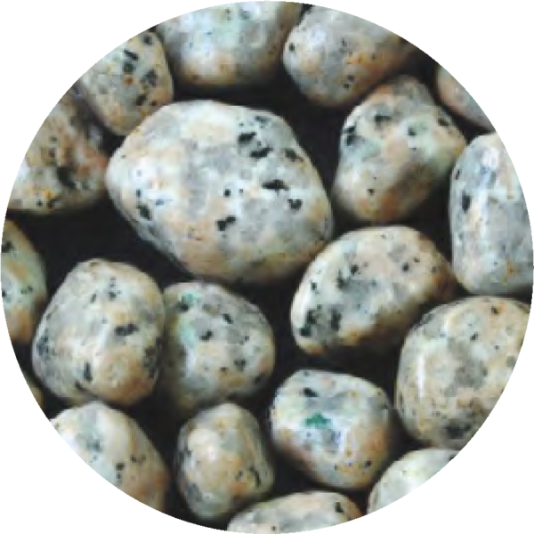Oceanmax Speckled Substrate Stones, a close-up, circular image showing a mixture of medium-sized, smooth, polished pebbles (2-3cm stones) that are primarily cream/white with distinct black and dark gray speckles, ideal for a decorative aquarium substrate.